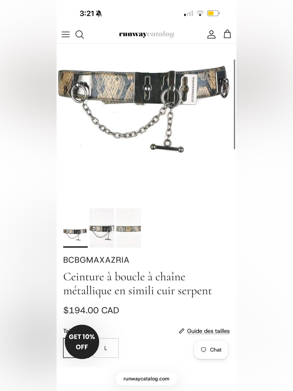 BCBGMaxAzria Snake-Print Toggle Belt with Gold Chain Hardware - black & beige